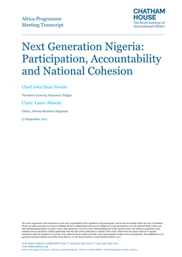 Next Generation Nigeria: Participation, Accountability and National Cohesion