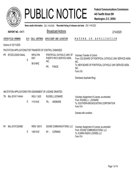 Broadcast Actions 2/14/2020