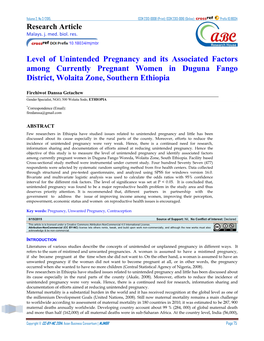 Level of Unintended Pregnancy and Its Associated Factors Among Currently Pregnant Women in Duguna Fango District, Wolaita Zone, Southern Ethiopia