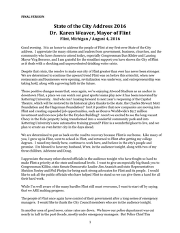 State of the City Address 2016 Dr. Karen Weaver, Mayor of Flint Flint, Michigan / August 4, 2016