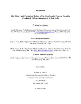 Life History and Population Biology of the State Special Concern Ouachita Creekshell, Villosa Arkansasensis (I