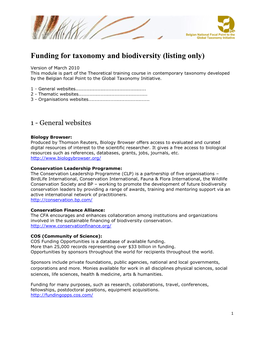 Funding for Taxonomy and Biodiversity (Listing Only)