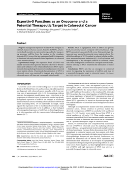 Exportin-5 Functions As an Oncogene and a Potential Therapeutic Target in Colorectal Cancer Kunitoshi Shigeyasu1,2, Yoshinaga Okugawa1,3, Shusuke Toden1, C