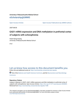 GAD1 Mrna Expression and DNA Methylation in Prefrontal Cortex of Subjects with Schizophrenia