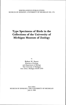 Type Specimens of Birds in the Collections of the University of Michigan Museum of Zoology