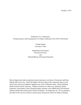 In Education: Timing, Reasons, and Consequences of College Coeducation from 1835 to the Present