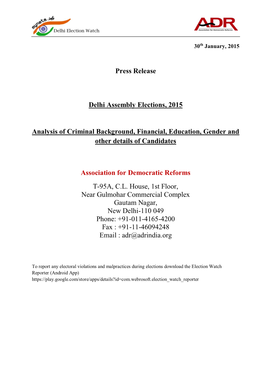 Press Release Delhi Assembly Elections, 2015 Analysis of Criminal
