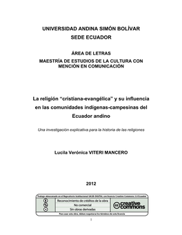 Cristiana-Evangélica” Y Su Influencia En Las Comunidades Indígenas-Campesinas Del Ecuador Andino