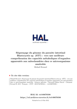 Séquençage Du Génome Du Parasite Intestinal Blastocystis Sp. (ST7) : Vers Une Meilleure Compréhension Des Capacités Métabo