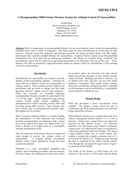 A Monopropellant Milli-Newton Thruster System for Attitude Control of Nanosatellites