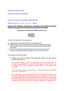 Inquiry of the Enterprise and Business Committee of the National Assembly for Wales Into the Future of the Wales and Borders Rail Franchise