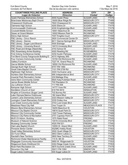 Fort Bend County Condado De Fort Bend Election Day Vote Centers Dia De Las Eleccion Voto Centros May 7, 2016 7 De Mayo De 2016 C