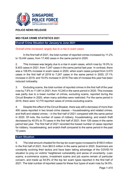 MID-YEAR CRIME STATISTICS 2021 Overall Crime Situation for January to June 2021