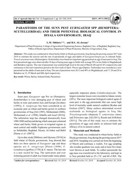 Parasitoids of the Sunn Pest Eurygaster Spp (Hemiptera: Scutelleridae) and Their Potential Biological Control in Diyala Governorate, Iraq