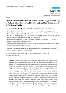 Thuja Occidentalis) to Natural Disturbances and Partial Cuts in Mixedwood Stands of Quebec, Canada