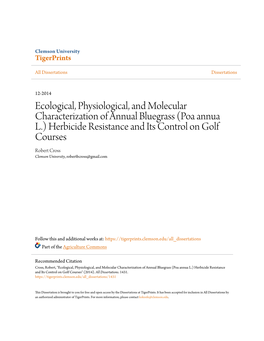 Poa Annua L.) Herbicide Resistance and Its Control on Golf Courses Robert Cross Clemson University, Robertbcross@Gmail.Com