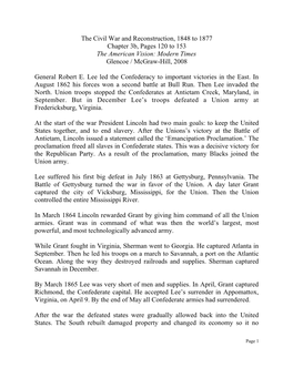The Civil War and Reconstruction, 1848 to 1877 Chapter 3B, Pages 120 to 153 the American Vision: Modern Times Glencoe / Mcgraw-Hill, 2008
