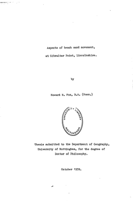 Aspects of Beach Sand Movement, at Gibraltar Point, Lincolnshire. By