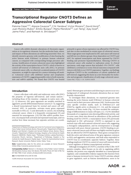 Transcriptional Regulator CNOT3 Defines an Aggressive Colorectal Cancer Subtype