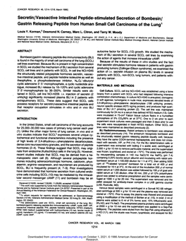 Secretin/Vasoactive Intestinal Peptide-Stimulated Secretion of Bombesin/ Gastrin Releasing Peptide from Human Small Cell Carcinoma of the Lung1