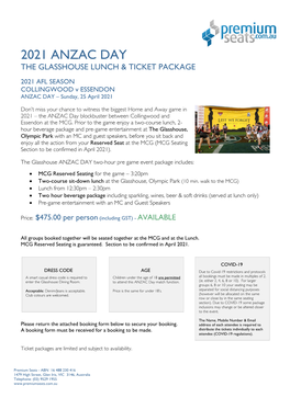 2021 Anzac Day the Glasshouse Lunch & Ticket Package