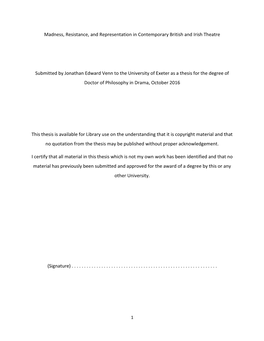 Madness, Resistance, and Representation in Contemporary British and Irish Theatre