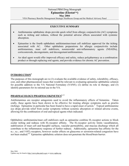 National PBM Drug Monograph Epinastine (Elestat™) May 2004 VHA Pharmacy Benefits Management Strategic Healthcare Group and the Medical Advisory Panel