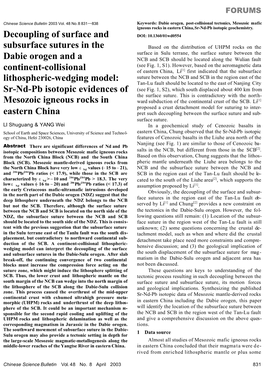 Decoupling of Surface and Subsurface Sutures in the Dabie Orogen and a Continent-Collisional Lithospheric-Wedging Model: Sr-Nd-P