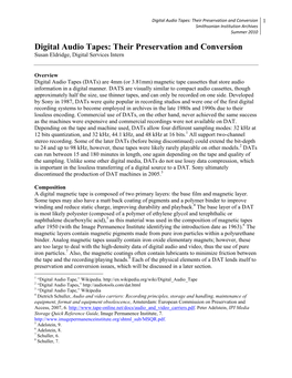 Digital Audio Tapes: Their Preservation and Conversion 1 Smithsonian Institution Archives Summer 2010