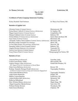 St. Thomas University Fredericton, NB May 11, 2021 Graduates Certificate of Native Language Immersion Teaching Kelsey Rochelle N