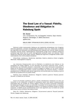 The Good Law of a Vassal: Fidelity, Obedience and Obligation in Habsburg Spain