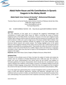Abdul Halim Hasan and His Contributions in Quranic Exegesis in the Malay World
