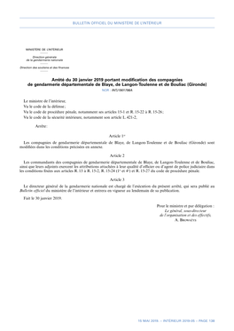 Arrêté Du 30 Janvier 2019 Portant Modification Des Compagnies De Gendarmerie Départementale De Blaye, De Langon-Toulenne E