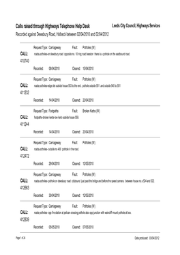 Calls Raised Through Highways Telephone Help Desk Leeds City Council, Highways Services Recorded Against Dewsbury Road, Holbeck Between 02/04/2010 and 02/04/2012