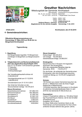 Greuther Nachrichten Mitteilungsblatt Der Gemeinde Kirchhaslach Öffnungszeiten: Verantwortlich Für Die Gemeindlichen Mo., Di., Do