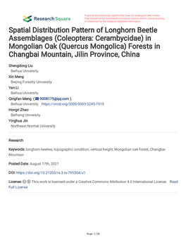 Coleoptera: Cerambycidae) in Mongolian Oak (Quercus Mongolica) Forests in Changbai Mountain, Jilin Province, China