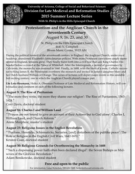 Protestantism and the Anglican Church in the Seventeenth Century August 9, 16, 23, and 30