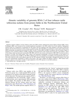 Genetic Variability of Genomic RNA 2 of Four Tobacco Rattle Tobravirus Isolates from Potato ﬁelds in the Northwestern United States