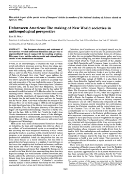 Unforeseen Americas: the Making of New World Societies in Anthropological Perspective ERIC R