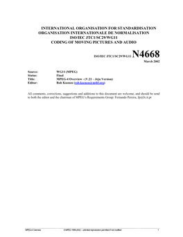 International Organisation for Standardisation Organisation Internationale De Normalisation Iso/Iec Jtc1/Sc29/Wg11 Coding of Moving Pictures and Audio