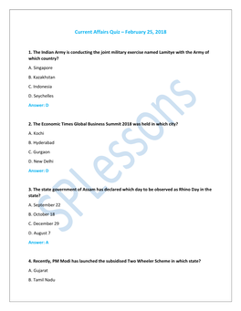 Current Affairs Quiz – February 25, 2018