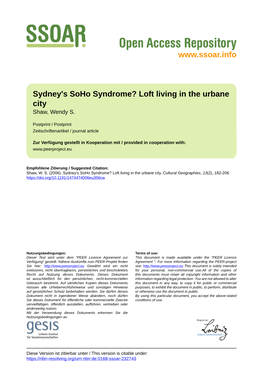 Sydney's Soho Syndrome? Loft Living in the Urbane City Shaw, Wendy S