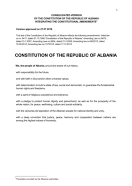 Constitution of the Republic of Albania Integrating the Constitutional Amendments1