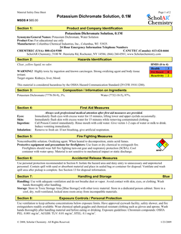 Potassium Dichromate Solution, 0.1M MSDS # 565.00