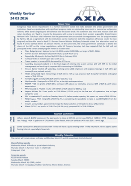 4Q:15 Results Release Tuesday March 29 PPC Wednesday March 30, OPAP,LAMDA Thursday March 31Frigoglass, Ellaktor, Gek Terna, Athens Water, Anemos