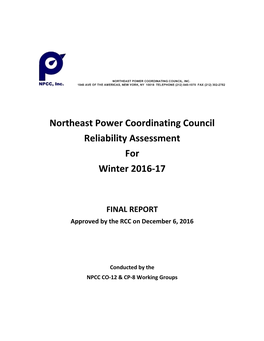 Northeast Power Coordinating Council Reliability Assessment for Winter 2016-17