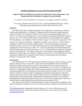 Impact of Hair Coat Differences on Rectal Temperature, Skin Temperature, and Respiration Rate of Holstein X Senepol Crosses in Florida