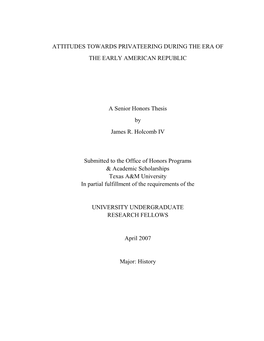 Attitudes Towards Privateering During the Era of the Early American Republic