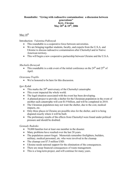 Roundtable: “Living with Radioactive Contamination: a Discussion Between Generations” Kyiv, Ukraine May 18Th & 19Th, 2006