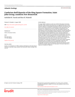 Cambrian Shelf Deposits of the King Square Formation, Saint John Group, Southern New Brunswick Saifullah K